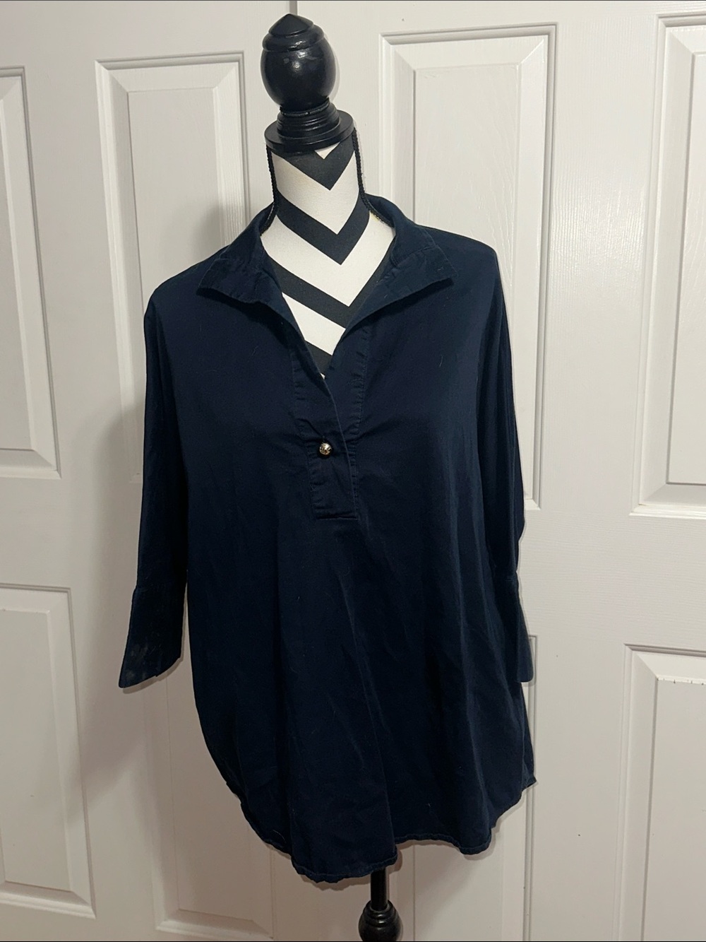 Tuckernuck Navy Single-Button Popover Blouse